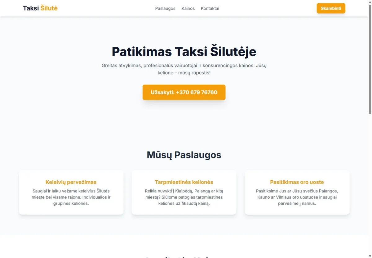 Taksi Šilutė svetainės pradžios puslapis su paslaugos pristatymu ir skambinimo mygtuku