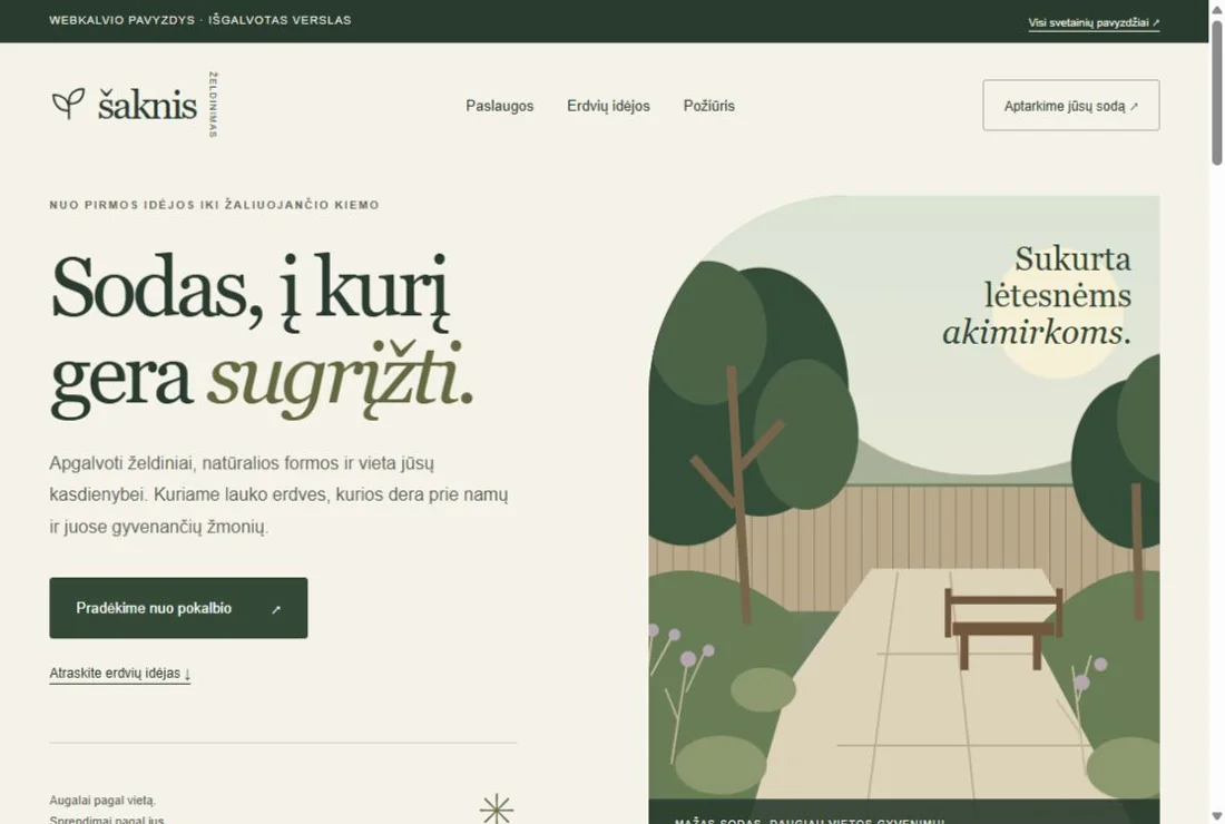Šaknies demonstracijos pradžia: specialisto prisistatymas, želdinimo iliustracija ir paslaugų navigacija.